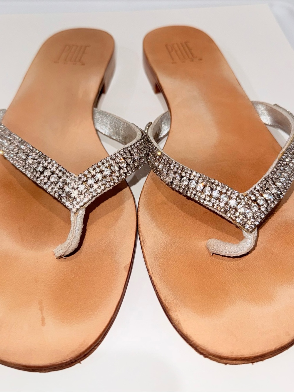Pelle Moda Silver Rhinestone Thong Sandals with Tan Footbed